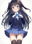  1girl absurdres black_hair black_thighhighs blazer blue_bow blue_bowtie blue_eyes blush bow bowtie hair_ornament hair_scrunchie highres jacket long_hair long_sleeves looking_at_viewer ochinsama original panties pantyshot plaid_bow plaid_bowtie plaid_clothes scrunchie shirt simple_background smile solo thighhighs twintails underwear white_background white_panties white_shirt 