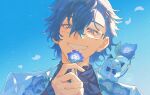  1boy animal_on_shoulder blue_eyes blue_hair blue_sky clear_sky closed_eyes falling_petals floral_print flower flower_to_mouth glasses hair_between_eyes hair_ornament hairpin hand_up highres holding holding_flower holiuvre_318 jacket leos_vincent looking_at_viewer male_focus mameneko_(leos_vincent) nemophila_(flower) nijisanji petals portrait short_hair sky smile solo teeth twitter_username virtual_youtuber white_jacket 