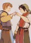  bandana black_hair brown_hair commentary_request fist_bump gensou_suikoden gensou_suikoden_i gloves happy looking_at_another maekakekamen male_focus multiple_boys open_mouth pants robe smile tabard ted_(suikoden) tir_mcdohl 