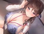  1girl adjusting_hair black_skirt bra breasts brown_hair cleavage collarbone collared_shirt hair_between_eyes hair_ribbon hand_up id_card inushima lace-trimmed_bra lace_trim lanyard large_breasts light_blush looking_at_viewer medium_hair office_lady open_clothes open_shirt original panties panty_peek pencil_skirt purple_bra purple_eyes purple_ribbon ribbon shirt sitting skirt smile solo underwear veins veiny_breasts white_shirt 
