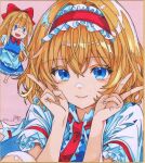  1girl 870hanamarumomo alice_margatroid apron blonde_hair blue_dress blue_eyes bow capelet dated doll double_v dress frilled_hairband frilled_ribbon frills hair_bow hairband looking_at_viewer open_mouth pink_background ribbon shanghai_doll shikishi short_hair signature smile touhou traditional_media v 