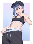  1girl :3 abs absurdres baseball_cap black_hat black_shorts black_sports_bra blue_background blue_hair border breasts closed_mouth clothes_pull commentary_request cowboy_shot crossed_bangs earrings gradient_background hair_between_eyes hat highres jewelry kafka963 leaning_back love_live! love_live!_superstar!! medium_breasts middle_ring multiple_rings orange_eyes outside_border pulling_own_clothes purple_background ring short_hair shorts shorts_pull signature smile solo split_mouth sports_bra standing stud_earrings w w_over_mouth wakana_shiki white_border 