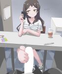  ... 1boy 1girl absurdres blank_censor bored brown_eyes brown_hair cellphone censored chair closed_mouth drink erection feet footjob hetero highres holding holding_phone idolmaster idolmaster_million_live! indoors kitazawa_shiho long_hair looking_at_phone multitasking ohgi910 on_chair pen penis phone pov pov_crotch shirt shoes short_sleeves sideways_glance single_bare_foot single_shoe sitting smartphone striped_clothes striped_shirt table toenails toes 