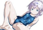  1girl barefoot blue_eyes blue_one-piece_swimsuit breasts deux_murasame folded_ponytail freckles grey_hair gundam gundam_gquuuuuux looking_at_viewer minazuki_noumu one-piece_swimsuit purple_pupils sidelocks small_breasts solo spread_legs swimsuit updo 