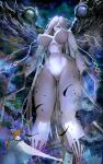  absurdres arm_blade black_wings breasts colored_skin covered_nipples cowboy_shot digimon digimon_(creature) feathered_wings giant giantess grey_hair grey_skin hair_over_eyes highres large_breasts long_hair mddueck mecha omegamon ordinemon parted_lips robot sharp_teeth solo_focus teeth weapon wings 