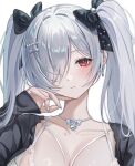  1girl alternate_costume blush bow bra breasts cinderella_(nikke) cleavage closed_mouth collarbone earrings goddess_of_victory:_nikke hair_bow hair_ornament hair_over_one_eye heart heart_necklace jewelry long_sleeves looking_at_viewer mrr_05 necklace portrait red_eyes twintails underwear white_bra 