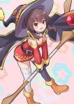  1girl ankle_boots asymmetrical_legwear bandaged_leg bandages belt belt_collar black_belt black_cape black_hat black_thighhighs blush boots breasts brown_boots brown_hair button_eyes buttons cape collar commentary dress fingerless_gloves floating_cape gloves hat holding holding_staff kono_subarashii_sekai_ni_shukufuku_wo! leaning_forward looking_at_viewer mage_staff megumin mismatched_legwear off-shoulder_dress off_shoulder open_mouth pariya_0001 pink_background red_dress red_eyes short_dress short_hair_with_long_locks single_thighhigh small_breasts smile solo staff star_(symbol) thighhighs witch_hat 