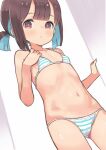  1girl bikini blue_hair breasts brown_eyes brown_hair closed_mouth collarbone highres hozuki_momiji looking_at_viewer micro_bikini monomono multicolored_hair navel onii-chan_wa_oshimai! ribs small_breasts smile solo split_mouth stomach striped_bikini striped_clothes swimsuit two-tone_hair 