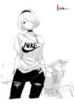  1girl 2b_(nier:automata) absurdres artist_name black_choker choker cigarette collarbone head_tilt headband highres holding holding_cigarette logo looking_at_viewer medium_hair monochrome motor_vehicle motorcycle nier:automata nier_(series) nike_(company) off_shoulder qtian short_hair single_off_shoulder solo upper_body white_hair 