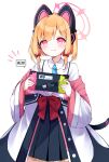  1girl :q absurdres animal_ear_headphones animal_ears black_jacket black_skirt black_tail blonde_hair blue_archive blue_necktie blush bow buttons cat_ear_headphones cat_ears cat_tail collared_shirt commentary_request cowboy_shot english_text fake_animal_ears fake_tail frilled_skirt frills hair_bow halo handheld_game_console headphones highres holding holding_handheld_game_console jacket long_sleeves low-tied_sidelocks momoi_(blue_archive) multicolored_jacket necktie nirako_mona off_shoulder pink_eyes pink_halo pink_jacket playing_games pleated_skirt red_bow school_uniform shirt short_hair sidelocks simple_background skirt smile solo tail tongue tongue_out unbuttoned unbuttoned_jacket v-shaped_eyebrows white_background white_jacket wide_sleeves 