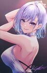 1girl armpits blue_hair blush breasts dress earrings evening_gown fingernails glint highres idolmaster idolmaster_shiny_colors jewelry koya_(koya_x_00) large_breasts looking_at_viewer purple_eyes short_hair sideboob signature smile solo suzuki_hana upper_body 
