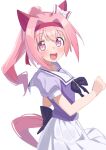  1girl :d absurdres animal_ears bow bowtie commentary_request ear_covers flower_in_eye freely2327 hair_bow hair_intakes haru_urara_(umamusume) headband highres horse_ears horse_girl horse_tail long_hair looking_at_viewer open_mouth pink_hair pink_headband ponytail puffy_short_sleeves puffy_sleeves purple_bow purple_bowtie purple_eyes purple_shirt school_uniform shirt short_sleeves simple_background skirt smile solo symbol_in_eye tail teeth tracen_school_uniform umamusume upper_teeth_only white_background white_bow white_skirt 