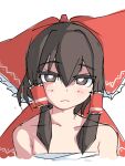  1girl bow brown_eyes brown_hair chest_sarashi frilled_hair_tubes frills hair_bow hair_tubes hakurei_reimu looking_at_viewer sarashi sidelocks touhou white_background 