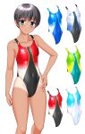  1girl absurdres ben-day_dots black_hair black_one-piece_swimsuit blue_eyes blue_one-piece_swimsuit breasts clothes_writing color_variation competition_swimsuit covered_navel dark-skinned_female dark_skin feet_out_of_frame green_one-piece_swimsuit hand_on_own_hip highleg highleg_one-piece_swimsuit highres multicolored_swimsuit one-piece_swimsuit one-piece_tan original screentones short_hair simple_background small_breasts solo swimsuit takafumi tan tanlines variant_set white_background white_one-piece_swimsuit 
