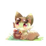  :3 animal_focus coconut commentary dot_nose drinking drinking_straw eyewear_on_head flower hibiscus highres no_humans pokemon pokemon_(creature) red_eyes revision shadow simple_background sitting sprigatito sunglasses symbol-only_commentary tail white_background yellow_flower yupo_0322 