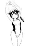  1girl ahoge arms_up braid breasts competition_swimsuit greyscale hair_flaps highleg highleg_one-piece_swimsuit kantai_collection monochrome multicolored_swimsuit one-piece_swimsuit shigure_(kancolle) shigure_kai_ni_(kancolle) single_braid small_breasts solo stretching swimsuit tamu_(mad_works) 