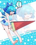  ! 1girl bikini blue_background blue_bikini blue_nails cirno commentary detached_wings food highres holding ice ice_wings nail_polish polka_dot polka_dot_background popsicle solo spoken_exclamation_mark star_(symbol) star_symbol_background swimsuit toenail_polish toenails touhou two-tone_background watermelon_bar white_background wings you_(noanoamoemoe) 