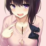  :d bangs between_breasts black_bow black_hair blush bow breasts button_gap buttons cccpo cleavage collarbone collared_shirt commentary_request food hand_up large_breasts long_sleeves looking_to_the_side open_mouth original pink_background pink_shirt pocky pocky_day pointing pointing_at_self purple_eyes shirt shirt_pull simple_background smile solo teeth upper_body 