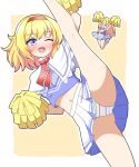  &gt;_&lt; 2girls :d \o/ alice_margatroid arms_up ass_visible_through_thighs blonde_hair blue_eyes blue_shirt blunt_bangs blush blush_stickers border breasts capelet cheering cheerleader commentary_request cowboy_shot crop_top hairband highres holding holding_pom_poms jumping leg_up long_hair midriff miniskirt multicolored_panties multiple_girls navel one_eye_closed open_mouth outline outstretched_arms panties pantyshot pleated_skirt pom_pom_(cheerleading) red_hairband shanghai_doll shirt shoes short_hair skirt sleeveless small_breasts smile split standing standing_on_one_leg standing_split striped_clothes striped_panties touhou underwear upskirt w_arms white_border white_capelet white_outline white_panties white_shoes white_skirt yellow_background zenji029 