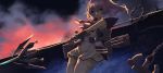  :d anchor ashisi azur_lane bangs bare_shoulders blue_sailor_collar chain cloud cloudy_sky commentary_request dress dutch_angle eyebrows_visible_through_hair fire green_eyes hair_between_eyes hair_ornament hairclip highres holding holding_javelin holding_spear holding_weapon horizon javelin javelin_(azur_lane) long_hair looking_at_viewer neckerchief night ocean open_mouth outdoors pink_hair pleated_dress polearm ponytail purple_hair red_neckwear sailor_collar sailor_dress sky sleeveless smile solo spear thighhighs v-shaped_eyebrows water weapon white_dress white_legwear zettai_ryouiki 
