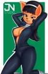  2018 anthro areola belt big_breasts black_hair black_nose boots breasts cat cleavage clothed clothing feline female footwear green_eyes hair hairband half-closed_eyes hands_behind_head jacket jnstudio kitty_katswell kneeling long_hair looking_at_viewer mammal nickelodeon nipple_bulge pants raised_clothing shirt smile solo t.u.f.f._puppy teeth 