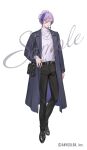  1boy arm_at_side bag belt belt_buckle black_belt black_pants black_shoes blue_coat blue_hair buckle closed_mouth coat copyright_notice cowlick dress_shoes earrings feather_earrings feathers full_body green_eyes hair_between_eyes hand_on_own_hip jewelry lapels long_sleeves looking_at_viewer male_focus multicolored_hair nail_polish necklace nijisanji notched_lapels official_art ohayosayonara open_clothes open_coat pants purple_coat purple_hair purple_nails ring sakaki_ness sample_watermark shirt shoes short_hair shoulder_bag simple_background single_earring smile solo standing streaked_hair turtleneck two-sided_coat two-sided_fabric virtual_youtuber watermark white_background white_shirt 