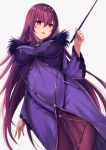  ass_visible_through_thighs bangs breasts commentary covered_navel dress dutch_angle eyebrows_visible_through_hair fate/grand_order fate_(series) fur-trimmed_dress fur_trim grey_background hair_between_eyes harimoji headpiece holding holding_wand large_breasts long_hair long_sleeves pantyhose purple_dress purple_hair red_eyes scathach_(fate)_(all) scathach_skadi_(fate/grand_order) see-through simple_background solo very_long_hair wand wide_sleeves 