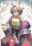  1girl arknights bare_shoulders blonde_hair camisole chinese_commentary choker closed_mouth commentary_request earrings glint grey_eyes grey_hair hair_between_eyes hair_intakes highres jewelry light_particles light_smile long_hair looking_at_viewer multicolored_hair off_shoulder official_alternate_costume purple_hair shu_(arknights) shu_(spring_feast)_(arknights) solo tongxi65938_(mo_zuoren) unfinished yellow_camisole yellow_choker 