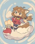  1girl ahoge animal_ear_fluff animal_ears black_collar black_ribbon black_shorts blue_eyes blush_stickers brown_hair collar commentary_request dog_ears dog_girl dog_tail fangs full_body grey_socks hair_ornament hair_ribbon hairclip highres jacket layered_sleeves long_hair long_sleeves low-tied_long_hair mamehinata notamaru_2 on_cloud open_mouth outstretched_arms parallel_hairclips red_jacket red_shoes ribbon shoes short_over_long_sleeves short_sleeves shorts sitting skin_fangs socks solo spread_arms tail vrchat 
