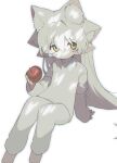  1girl animal_ear_fluff apple arm_support dappled_sunlight dodonpa_tuyoi food fruit hair_between_eyes highres holding holding_food holding_fruit layered_sleeves long_hair long_sleeves looking_at_viewer multiple_animal_ears original pale_skin pants shirt short_over_long_sleeves short_sleeves simple_background sitting solo sunlight very_long_hair white_background white_hair white_pants white_shirt yellow_eyes 