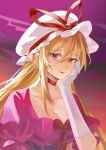  1girl arong blonde_hair breasts choker cleavage dress elbow_gloves gloves gradient_background hair_between_eyes hand_on_own_cheek hand_on_own_face hat hat_ribbon head_rest highres large_breasts long_hair looking_at_viewer mob_cap purple_background purple_dress purple_eyes red_choker red_ribbon ribbon single_sidelock solo touhou upper_body very_long_hair white_gloves white_hat yakumo_yukari 