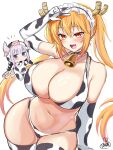  2girls :3 absurdres animal_print bikini blonde_hair breasts cosplay cow_print cow_print_bikini curvy elbow_gloves fang gloves highres horns huge_breasts kanna_kamui kigurumi kobayashi-san_chi_no_maidragon looking_at_viewer multiple_girls navel no_tail print_bikini stomach swimsuit tail thighhighs tohru_(maidragon) usada_mimiz w wide_hips yellow_eyes 