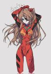  1girl arm_above_head arm_behind_head blue_eyes bodysuit breasts brown_hair character_name clenched_hand eyepatch hair_ornament highres interface_headset_(evangelion) long_hair mecha_pilot_suit neon_genesis_evangelion number_print plugsuit_(evangelion) red_bodysuit shadow silence/cell simple_background souryuu_asuka_langley 