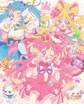  3girls :d ;d bare_shoulders blonde_hair blue_eyes blue_skirt bow bowtie commentary_request crown cup cure_idol cure_sky cure_wonderful dress drinking_glass frilled_sleeves frills grin hair_ornament headset heart heart_hair_ornament highres hirogaru_sky!_precure holding holding_tray inukai_komugi kimi_to_idol_precure long_hair melon_soda multicolored_hair multiple_girls one_eye_closed open_mouth pink_dress pink_hair precure purple_bow purple_bowtie sakura_uta_(precure) shirt short_sleeves shortcake_p skirt smile sora_harewataru streaked_hair striped_bow striped_bowtie striped_clothes tray twintails two_side_up white_shirt wing_hair_ornament wonderful_precure! yellow_crown 