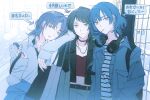 3girls asakura_toru bang_dream! bang_dream!_it&#039;s_mygo!!!!! black_jacket blue_cardigan blue_choker blue_jacket blue_nails blue_theme bocchi_the_rock! cardigan cardigan_around_waist choker closed_mouth clothes_around_waist commentary crossover earclip earrings guitar_case headphones headphones_around_neck highres idolmaster idolmaster_shiny_colors instrument_case instrument_connection instrument_on_back jacket jewelry lock medium_hair multiple_girls nail_polish open_clothes open_jacket open_mouth padlock parted_bangs red_shirt reiboubyou shirt sony stud_earrings translated watermark yahata_umiri yamada_ryo yellow_eyes 