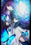  1girl absurdres artist_name black_coat black_dress bright_pupils bug butterfly coat collared_dress commentary_request dress expressionless fern_(sousou_no_frieren) floating_hair foot_out_of_frame highres holding holding_staff long_dress long_hair long_sidelocks looking_at_object mage_staff magic magic_circle mint_moon_(user_fxus4288) open_clothes open_coat parted_lips purple_eyes purple_hair sidelocks solo sousou_no_frieren staff very_long_hair white_pupils 