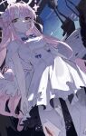  1girl :| absurdres angel_wings blood blood_on_clothes blood_on_face blood_on_leg blue_archive blue_bow bow breasts buttons capelet closed_mouth commentary double-breasted dress expressionless fanshuimucishen flower hair_bun hair_flower hair_ornament halo highres injury long_hair looking_at_viewer low_wings mika_(blue_archive) pantyhose pink_hair pink_halo side_up_bun sidelocks single_hair_bun sleeveless sleeveless_dress solo torn_capelet torn_clothes torn_dress torn_pantyhose very_long_hair white_capelet white_dress white_pantyhose white_wings wings yellow_eyes 