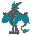 3_fingers 3_toes 4_ears anthro avali avian big_breasts black_arms black_breasts black_claws black_ears black_inner_ear black_legs black_sclera blue_ears blue_eyes blue_hair blue_wings breasts claws feather_hair feathered_wings feathers featureless_breasts feet female female_anthro fingers hair herm_(lore) hi_res huge_breasts keijimatsu looking_at_viewer multi_ear nude nude_anthro nude_female pseudo_hair ralena/ralaku simple_background solo spread_arms standing thick_fingers thick_toes toe_claws toes white_background winged_arms wings