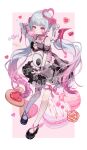  1girl absurdres amana_ryuna bare_shoulders black_dress black_shoes blue_hair blush border candy closed_mouth commentary_request commission dress ear_piercing fang fang_out flower food frilled_dress frills full_body gradient_hair hair_flower hair_ornament heart heart-shaped_food heart-shaped_lollipop heterochromia highres holding holding_food indie_virtual_youtuber leg_ribbon lollipop long_hair macaron multicolored_hair myon_rio neck_ribbon off-shoulder_dress off_shoulder outside_border piercing pink_background pink_flower pink_hair pink_ribbon pink_rose red_eyes ribbon rose shaped_lollipop shoes short_sleeves simple_background skeb_commission skin_fang smile solo standing thigh_ribbon twintails very_long_hair virtual_youtuber watermark white_border wrapped_candy yellow_eyes 