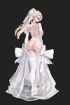  1girl alternate_costume ass black_background blonde_hair blue_eyes brown_dust_(series) brown_dust_2 hand_on_own_ass highres huge_ass letdie1414 long_hair looking_at_viewer looking_back median_furrow merchandise_available profile shoulder_blades simple_background single_bare_shoulder solo wilhelmina_(brown_dust) 