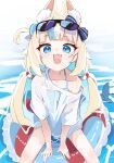  1girl :3 :d absurdres ahoge animal_ear_fluff bare_arms bare_legs blonde_hair blue_eyes blue_hair blunt_bangs collarbone commentary eyewear_on_head fang fins fish_tail frilled_innertube highres indie_virtual_youtuber innertube lifebuoy_hair_ornament light_blush long_hair looking_at_viewer low_twintails multicolored_hair no_pants one_side_up open_mouth oversized_clothes oversized_shirt sameko_saba shirt short_sleeves single_bare_shoulder single_off_shoulder smile solo streaked_hair sunglasses swim_ring t-shirt tail twintails two-tone_hair very_long_hair virtual_youtuber water wep16night white_shirt 
