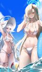  2girls absurdres arm_up asuna_(blue_archive) ball bare_shoulders beachball bikini blonde_hair blue_archive blue_bikini blue_halo blue_innertube blue_sky blunt_bangs blush breasts cleavage closed_mouth cloud collarbone commentary english_commentary eyes_visible_through_hair gloves groin hair_between_eyes hair_ornament hair_over_one_eye halo halterneck hand_in_own_hair hand_on_headwear hat highres holding_strap jupo large_breasts long_hair looking_at_viewer mechanical_halo micro_bikini mole mole_on_breast multiple_girls navel noa_(blue_archive) o-ring o-ring_bikini ocean one_eye_closed open_mouth outdoors purple_eyes see-through_clothes see-through_gloves sideboob sidelocks sky smile standing stomach string_bikini striped_bikini striped_clothes sun_hat swim_ring swimsuit teeth thighs underboob very_long_hair wading water waves wet white_bikini white_hair white_halo white_hat 