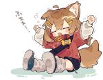  1girl ahoge animal_collar animal_ear_fluff animal_ears arms_up blue_shoes blue_shorts blush_stickers brown_hair clenched_hands closed_eyes collar commentary_request dog_ears dog_girl dog_tail fangs full_body hair_between_eyes hair_ornament hairclip highres invisible_chair layered_sleeves long_hair long_sleeves mamehinata name_tag notamaru_2 open_mouth red_collar red_shirt shirt shoe_soles shoes short_over_long_sleeves short_sleeves shorts shoulder_strap sidelocks single_ear_down sitting skin_fangs sneakers socks solo squeans stretching tail vrchat white_socks 