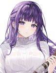 1girl breasts bright_pupils closed_mouth collared_dress dress eyelashes fern_(sousou_no_frieren) floating_hair hair_over_shoulder half_updo highres holding holding_staff large_breasts light_blush long_hair long_sidelocks long_sleeves looking_at_viewer mage_staff purple_eyes purple_hair rojineco_nene sidelocks simple_background solo sousou_no_frieren staff straight-on sweatdrop upper_body very_long_hair water_drop wet wet_clothes wet_dress white_background white_dress white_pupils wispy_bangs 