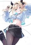  1girl absurdres aoha_(aohasora) black_hairband black_leg_warmers black_pantyhose black_shoes black_skirt blonde_hair cropped_hoodie crossed_bangs foot_up hair_between_eyes hairband headset highres holding holding_microphone hololive hood hoodie kazama_iroha kazama_iroha_(pop_dance) leg_warmers long_sleeves looking_at_viewer medium_hair microphone midriff miniskirt navel official_alternate_costume official_alternate_hairstyle open_mouth pantyhose puffy_long_sleeves puffy_sleeves quilted_clothes shirt shoes simple_background skirt solo twintails undershirt virtual_youtuber white_background white_hoodie white_shirt 