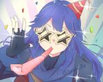  1girl blue_cape blue_gloves blue_hair cape commentary_request confetti fingerless_gloves fire_emblem fire_emblem_awakening gloves hat long_hair long_sleeves looking_at_viewer lucina_(fire_emblem) party_hat party_horn red_hat reshi_fe solo star-shaped_eyewear star_(symbol) sunglasses twitter_username 