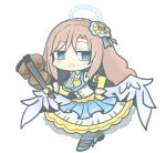  arche_alma blue_dress blue_eyes blue_necktie blue_ribbon brown_hair chibi corset dress emil_chronicle_online hair_ribbon hairband halo hand_on_own_hip holding holding_instrument holding_violin homurabi instrument long_hair necktie ribbon standing violin white_background white_corset white_wings wings 