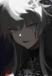  1girl arknights blood blood_on_face close-up commentary_request dark grey_eyes grey_hair hair_between_eyes hair_ornament hairclip highres lappland_(arknights) lappland_the_decadenza_(arknights) long_hair looking_at_viewer ncfnwzn portrait revision scar scar_across_eye scar_on_face smile solo unfinished 
