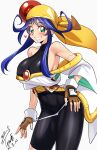  1girl absurdres bandana black_bodysuit blue_hair bodysuit breasts brown_gloves dated gloves green_eyes grin hair_ornament hat highres japanese_clothes large_breasts lime_(saber_j) long_hair panties panties_over_bodysuit panty_pull saber_marionette_j sidelocks signature simple_background sleeveless_turtleneck_bodysuit smile solo standing turtleneck turtleneck_bodysuit underwear white_background yellow_bandana yellow_hat yoo_tenchi 