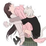  3girls absurdres animal_ears bang_dream! bang_dream!_it&#039;s_mygo!!!!! black_shirt blush brown_hair cat_ears cat_girl cat_tail chihaya_anon closed_eyes commentary dog_ears dog_girl dog_tail green_skirt haneoka_school_uniform highres hug kaname_raana layered_sleeves long_hair long_sleeves multiple_girls open_mouth pink_hair plaid_clothes plaid_skirt pleated_skirt raana_the_cat reiboubyou school_uniform shiina_taki shirt shoes short_hair short_over_long_sleeves short_sleeves shorts simple_background skirt tail tail_wagging white_background white_hair white_shirt 